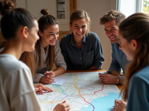 Échappées Belles team discussing a map, planning a route
